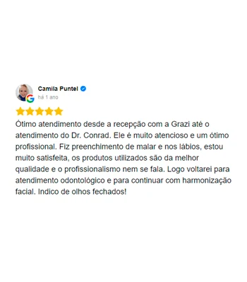 Avaliação 5 estrelas de Camila Puntel no Google: 'Ótimo atendimento desde a recepção... Indico de olhos fechados!'